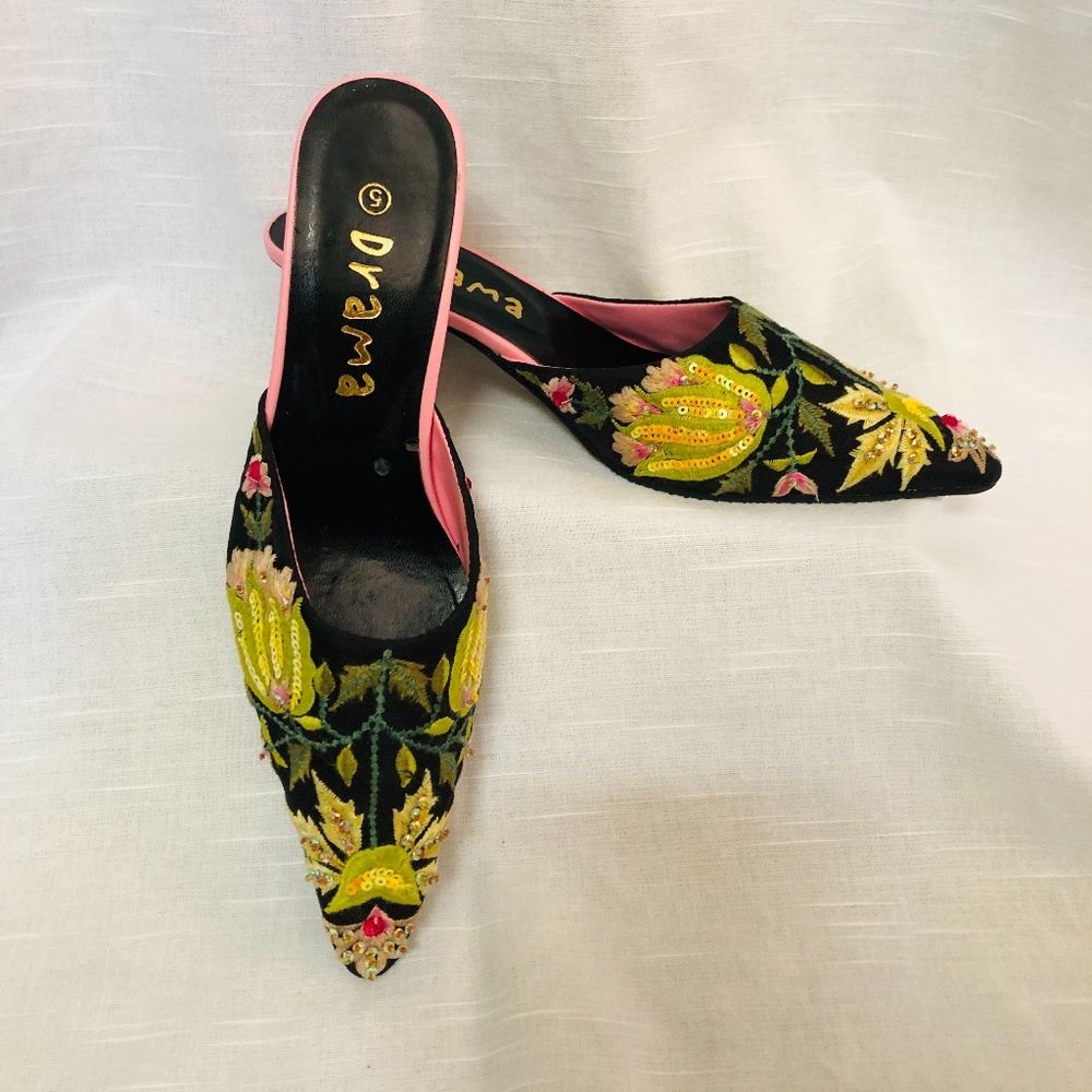Drama Floral Motif Embroidered Mules- New in Box!